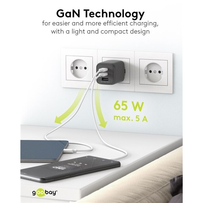 Goobay Nano Heimladegerät 65W 2x USB-C PD + 1x USB-A QC GaN Schwarz