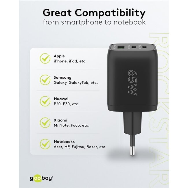 Goobay Nano Heimladegerät 65W 2x USB-C PD + 1x USB-A QC GaN Schwarz