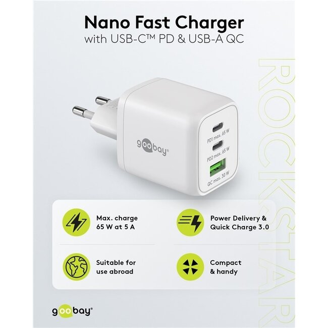Goobay Nano Heimladegerät 65W mit 2x USB-C PD & 1x USB-A QC, Weiß, GaN