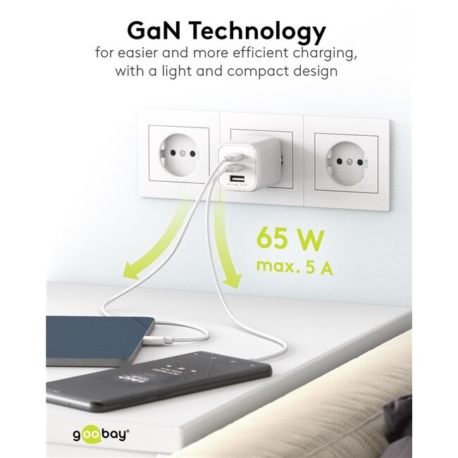 Goobay Nano Heimladegerät 65W mit 2x USB-C PD & 1x USB-A QC, Weiß, GaN