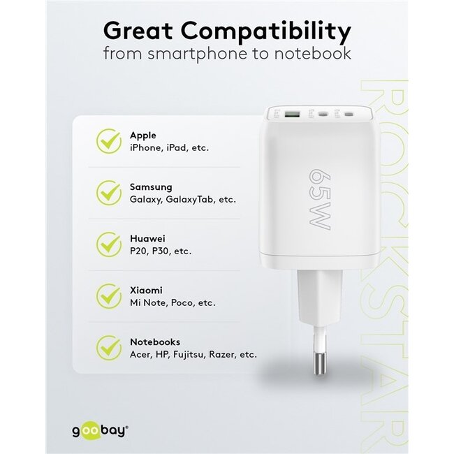 Goobay Nano Heimladegerät 65W mit 2x USB-C PD & 1x USB-A QC, Weiß, GaN