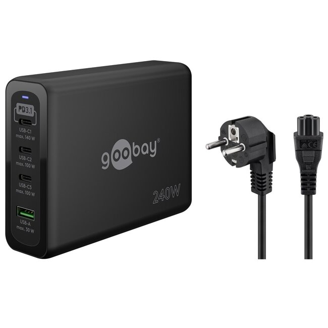Goobay Heimladegerät 3x USB-C PD + 1x USB-A QC GaN 240W Schwarz