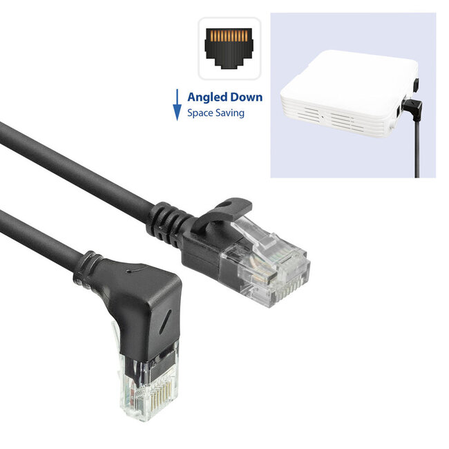 UTP CAT6a Slimline Netzwerkkabel | Winkelstecker unten / gerade | LSZH | Schwarz | 3 Meter