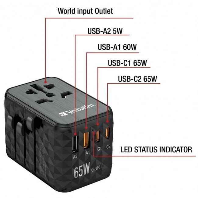 Verbatim UTA-05 Universal Reiseadapter | 2x USB-A + 2x USB-C | 65W | GaN