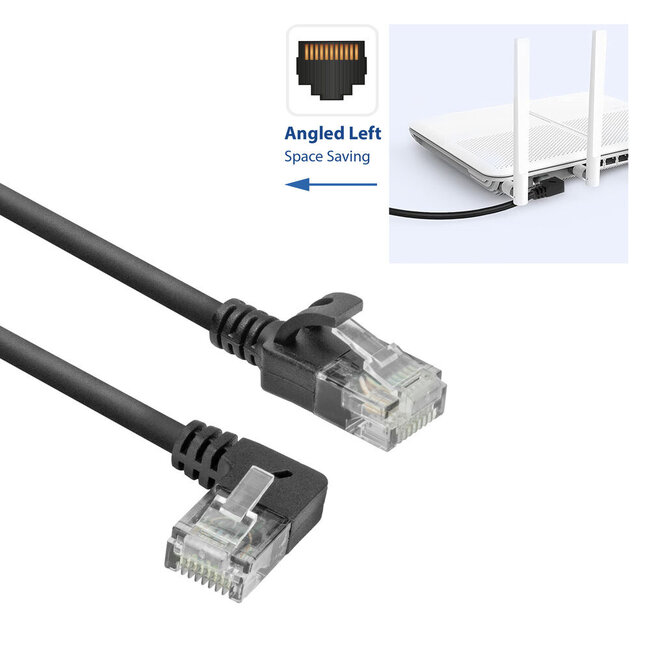 UTP CAT6a Slimline Netzwerkkabel | Winkelstecker (links) / Gerade | LSZH | Schwarz | 0,15 m