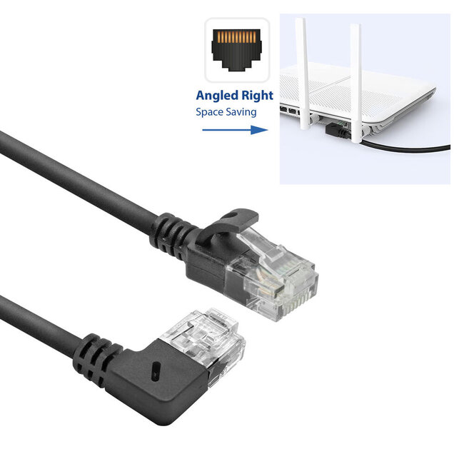 UTP CAT6a Slimline Netzwerkkabel | Winkel-/Gerade Stecker | LSZH | Schwarz | 0,25 m