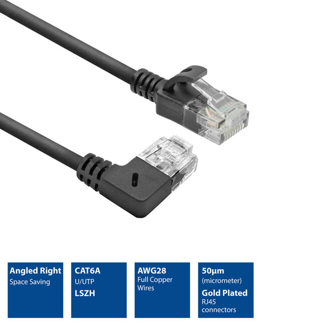 UTP CAT6a Slimline Netzwerkkabel | Winkel-/Gerade Stecker | LSZH | Schwarz | 0,25 m