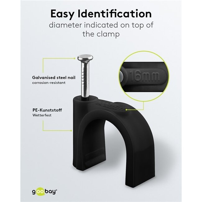 Goobay Kabelschellen mit Nagel | max. 16mm | 100 Stück | schwarz