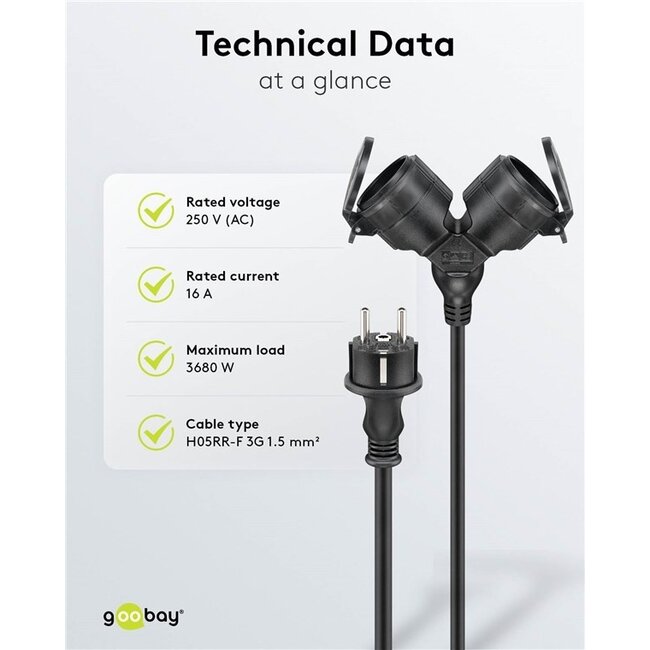 CEE 7/7 - 2x CEE 7/3 Outdoor Verlängerungskabel | IP44 | 3x1,5mm² | 5 Meter