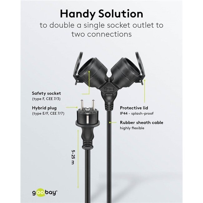 CEE 7/7 - 2x CEE 7/3 Outdoor Verlängerungskabel | IP44 | 3x 1,5mm² | 10 Meter