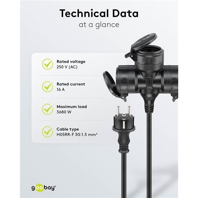 CEE 7/7 auf 3x CEE 7/3 Outdoor Verlängerungskabel | IP44 | 3x 1,5mm² | 5 Meter