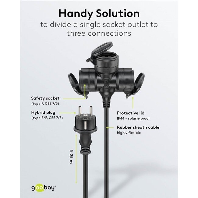 CEE 7/7 auf 3x CEE 7/3 Outdoor Verlängerungskabel | IP44 | 3x 1,5mm² | 25 Meter