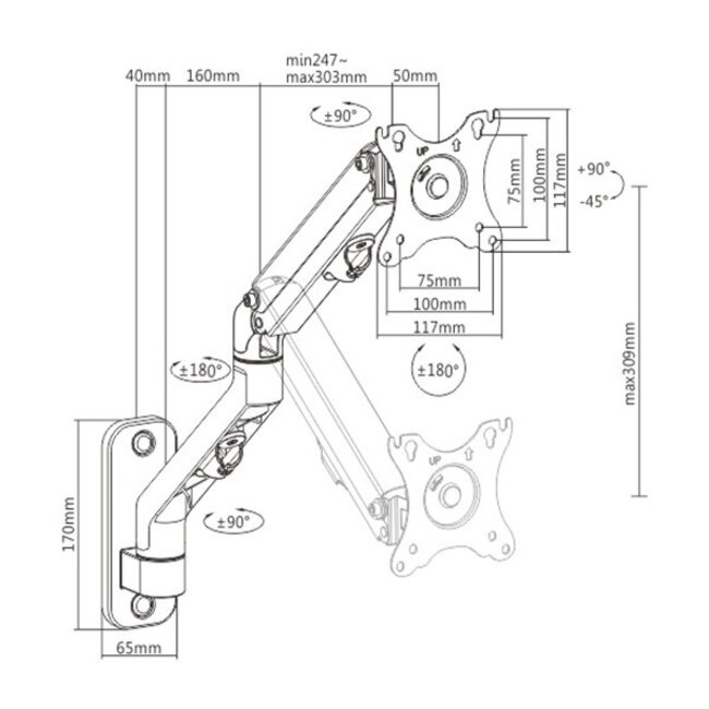 Gembird Wandhalterung für 1 Monitor bis 27 Zoll | Interaktiv | 5 Drehpunkte
