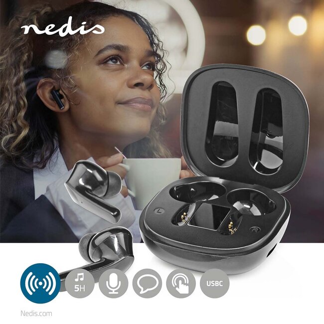 Nedis Premium Bluetooth In-Ear Kopfhörer mit Mikrofon | ANC | Ladeetui | Schwarz