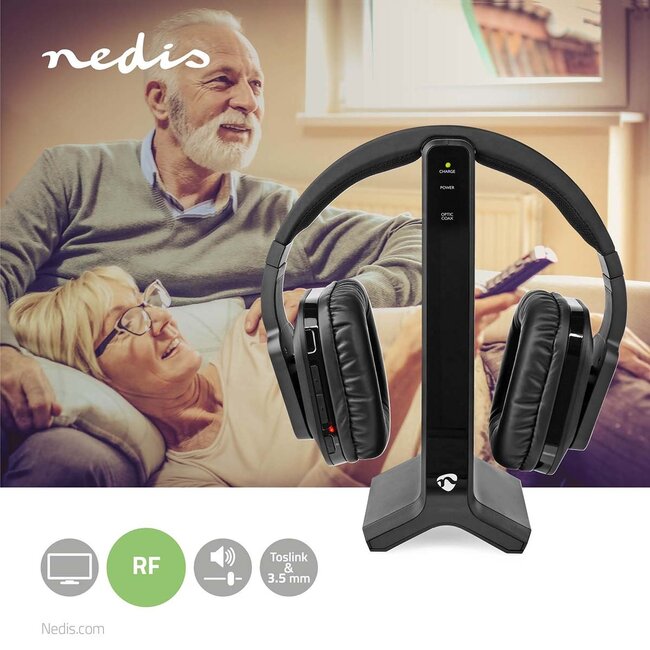 Nedis kabelloser Stereo RF Over-Ear Kopfhörer mit Ladestation | digital/analog | schwarz
