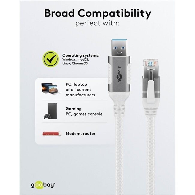 Goobay USB-A zu RJ45 LAN Kabel | USB 3.0 | CAT6 | Weiß | 5 Meter