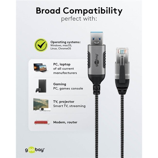 Goobay USB-A zu RJ45 LAN-Kabel | Slimline | USB 3.0 | CAT6 | Schwarz | 2 Meter