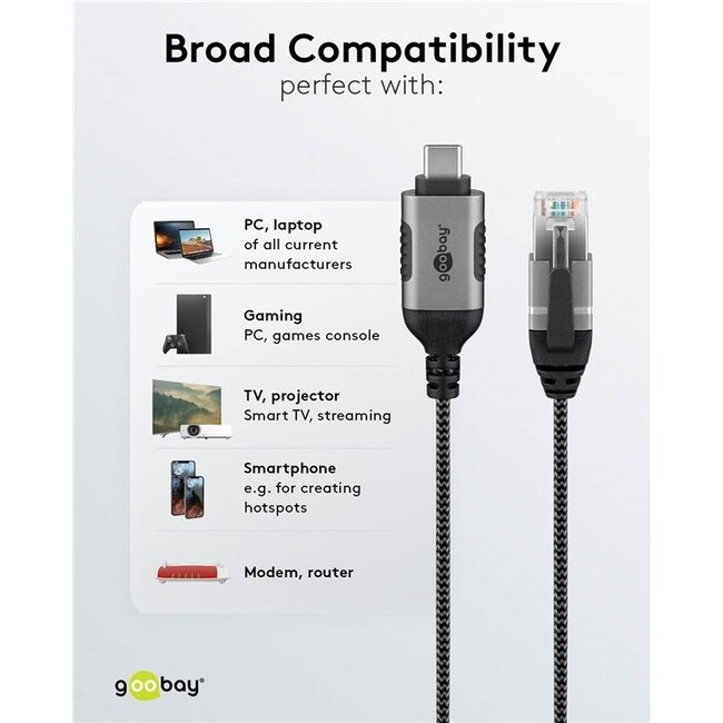 Goobay USB-C auf RJ45 LAN Kabel | Slimline | USB 3.0 | CAT6 | Schwarz | 1 Meter