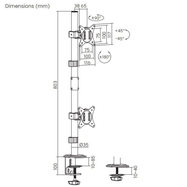 Gembird Monitorhalterung für 2 Bildschirme bis 32" | Full Motion | Übereinander