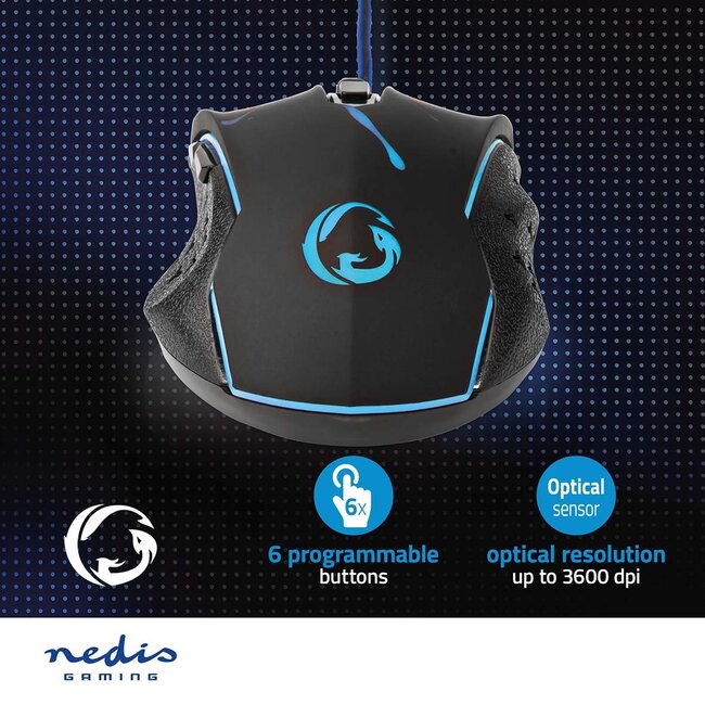 Nedis Gaming USB-Maus | USB-A | LED | 3600 dpi | 6 Tasten | 1,5 m