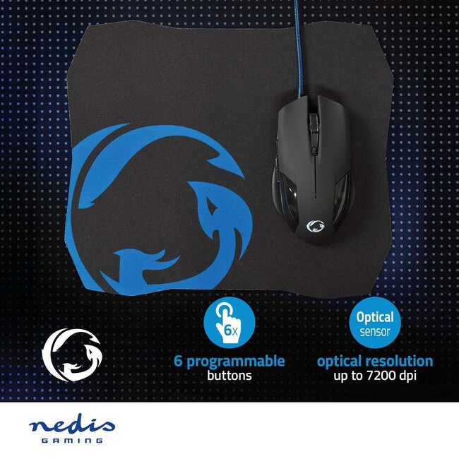 Nedis Gaming USB-Maus mit Mauspad | USB-A | 7200 dpi | 6 Tasten | 1,5 m