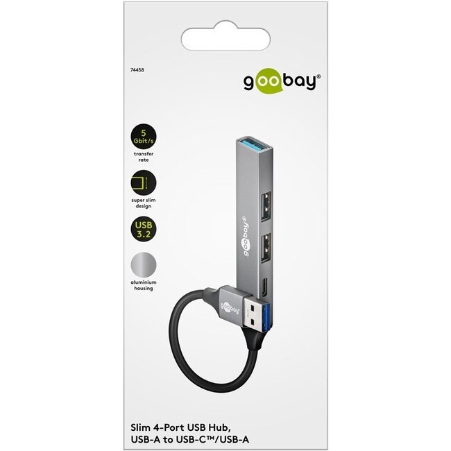 Goobay USB-Hub (USB-A) | 3x USB-A + 1x USB-C | USB 2.0/3.0 | Aluminium | 0,10 m
