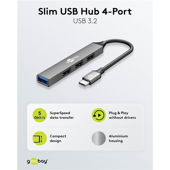 Goobay USB-Hub (USB-C) | 4x USB-A | USB 2.0/3.0 | Aluminium | 0,10 m