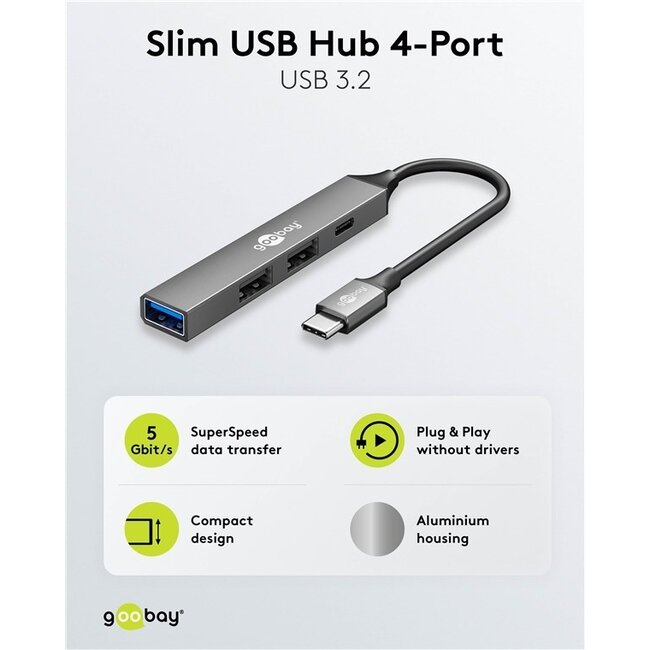 Goobay USB-Hub (USB-C) | 3x USB-A + 1x USB-C | USB 2.0/3.0 | Aluminium | 0,10 m