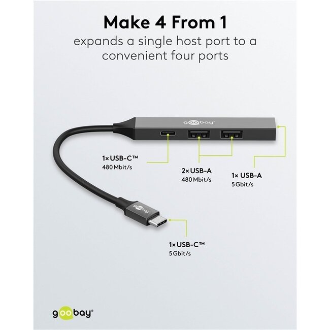 Goobay USB-Hub (USB-C) | 3x USB-A + 1x USB-C | USB 2.0/3.0 | Aluminium | 0,10 m