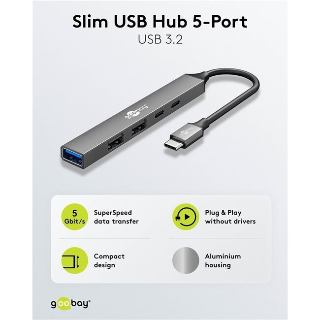 Goobay USB-Hub (USB-C) | 3x USB-A + 2x USB-C (1x PD 100W) | USB 2.0/3.0 | Aluminium | 0,10 m
