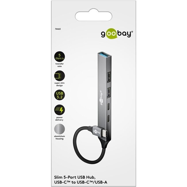 Goobay USB-Hub (USB-C) | 3x USB-A + 2x USB-C (1x PD 100W) | USB 2.0/3.0 | Aluminium | 0,10 m