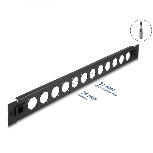 Delock 19 Zoll Patchpanel | 12 D-Typ Module | 1U | werkzeugfrei | schwarz