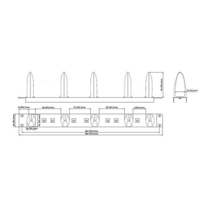 19 Zoll Blindplatte mit 5 Kabelösen | 1U | Schwarz