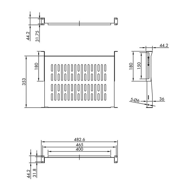 19 Zoll Regalboden | 35 cm tief | max. 25 kg | 1U | schwarz