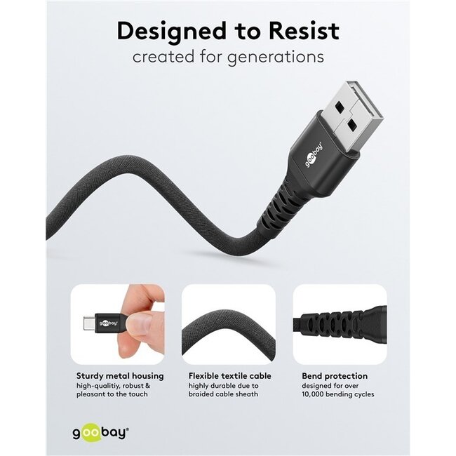 Goobay USB-C auf USB-A Supersoft Textilkabel | USB 2.0 | PD 60W | Schwarz | 2 Meter