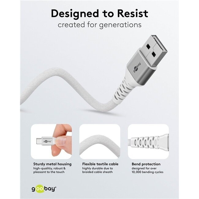 Goobay USB-C zu USB-A Supersoft Textilkabel | USB 2.0 | PD 60W | Weiß | 0,5 m