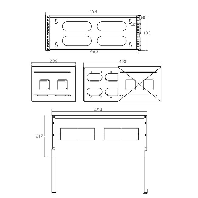 Wandhalterung für 19 Zoll Komponenten | Boden & Deckel | 24-40 cm tief | max. 12 kg | 4U | Schwarz