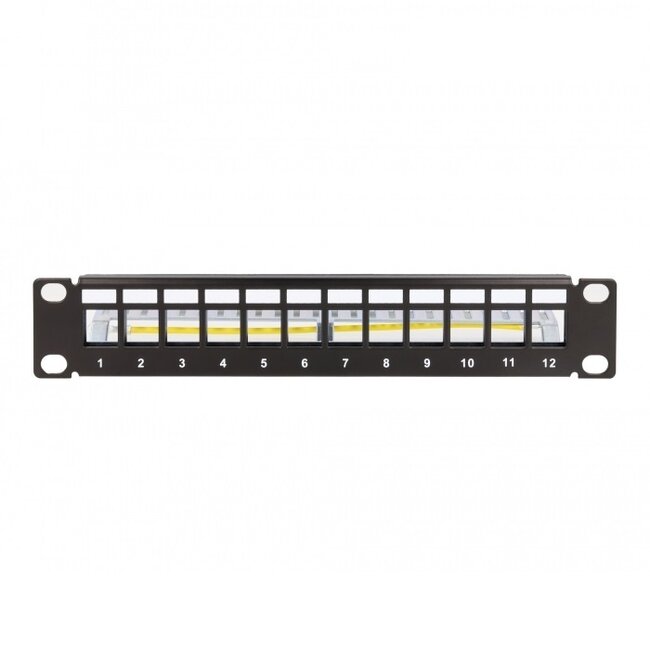 Delock 10 Zoll Patchpanel mit Kabelführung | für 12 Keystone Module | 1U | Schwarz