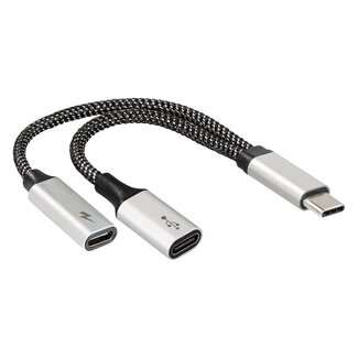 MaxTrack Premium USB-C 2-fach Daten- und Lade-Splitter | USB 2.0 | OTG | PD 60W | Nylon | 0,15 m