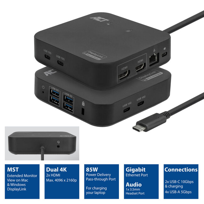 ACT USB-C Dockingstation | 2x HDMI 4K 60Hz, 7x USB-A/C, PD 85W, RJ45 & 3,5mm | DisplayLink | 1 Meter