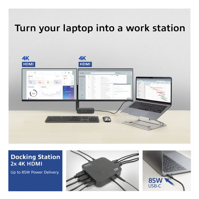 ACT USB-C Dockingstation | 2x HDMI 4K 60Hz, 7x USB-A/C, PD 85W, RJ45 & 3,5mm | DisplayLink | 1 Meter