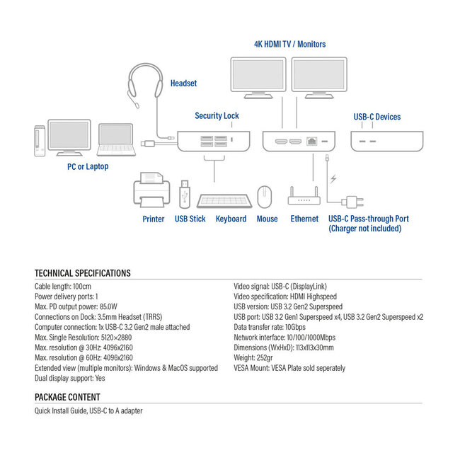 ACT USB-C Dockingstation | 2x HDMI 4K 60Hz, 7x USB-A/C, PD 85W, RJ45 & 3,5mm | DisplayLink | 1 Meter