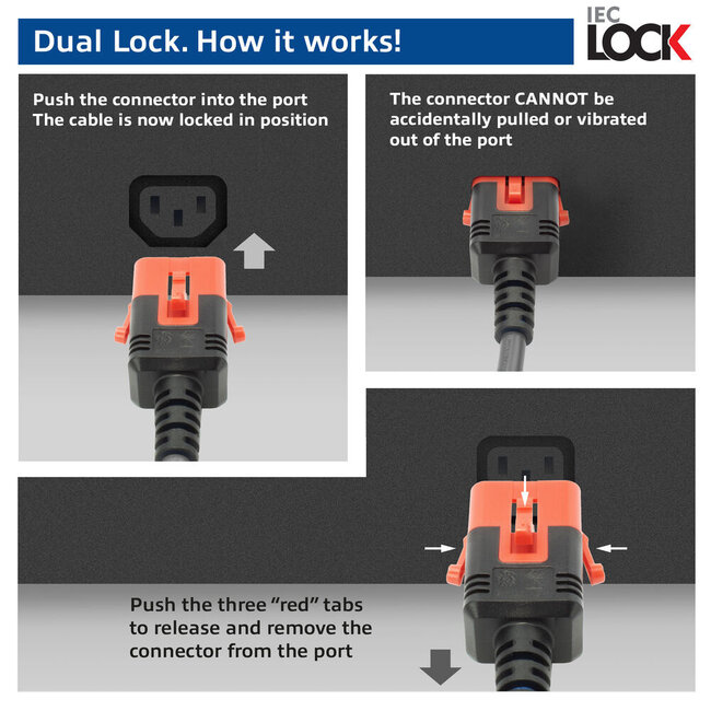 Duale IEC Lock C15-C14 Stromkabel für UPS/PDU | 3x 1,00mm² Gummi | Schwarz | 1 Meter