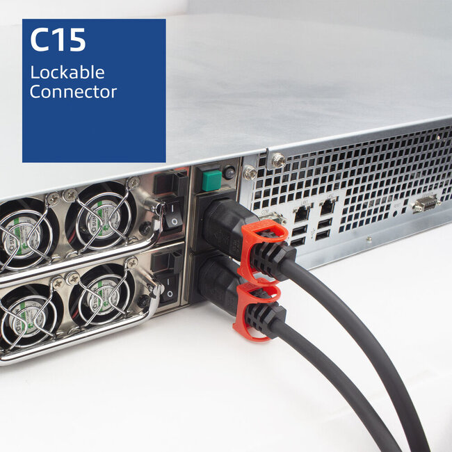 Duale IEC Lock C15-C14 Stromkabel für UPS/PDU | 3x 1,00mm² Gummi | Schwarz | 1 Meter