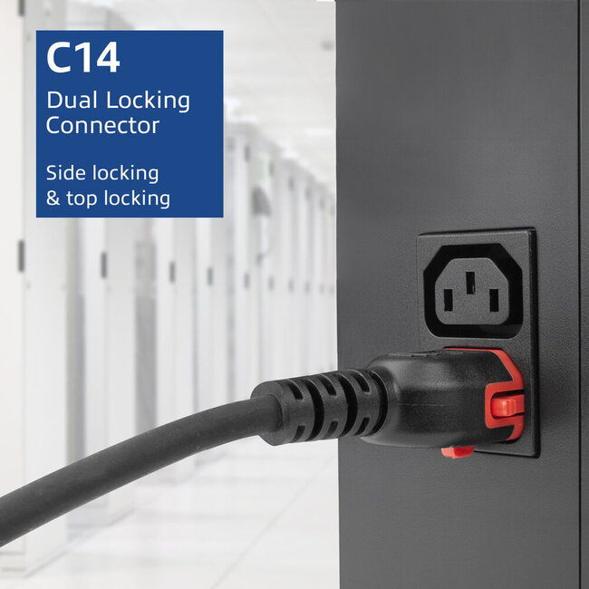 Duale IEC Lock C15-C14 Stromkabel für UPS/PDU | 3x 1,00mm² Gummi | Schwarz | 1 Meter
