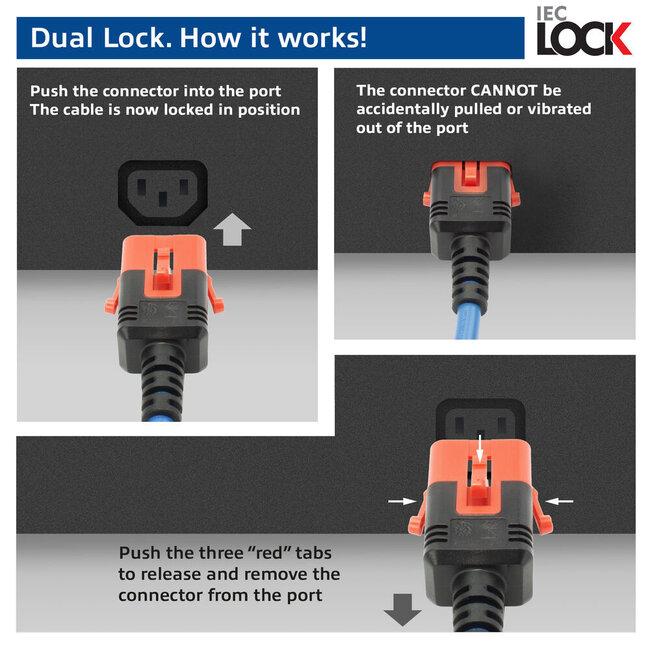 Duale IEC Lock C15-C14 Stromkabel für UPS/PDU | 3x 1,00mm² Gummi | Blau | 3 Meter