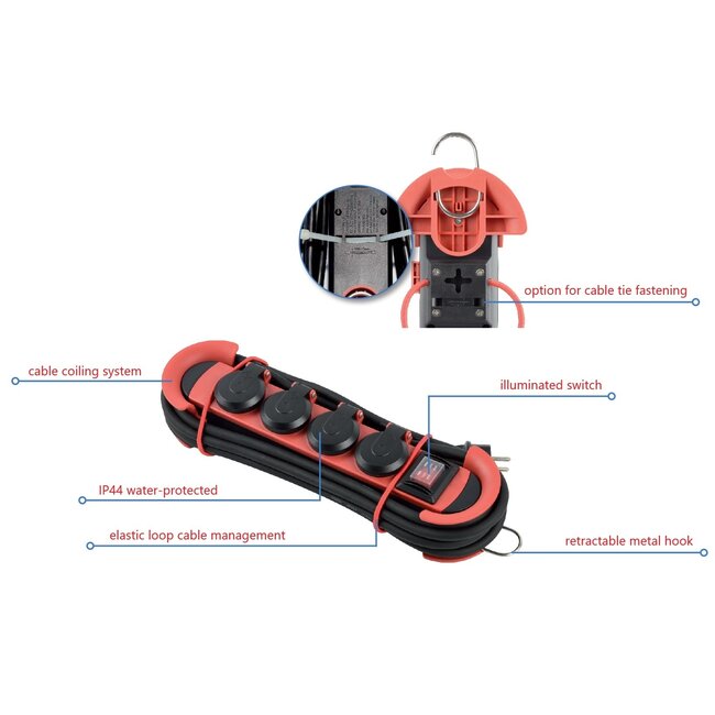 IP44 Außensteckdose mit 4 Steckplätzen | Schalter | 3 Meter