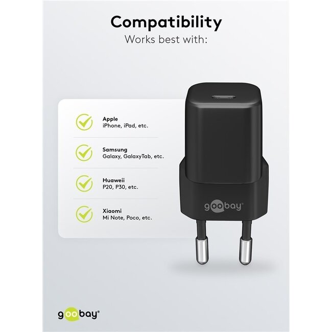 Goobay Nano USB Ladegerät | USB-C PD | GaN | 20W | Schwarz