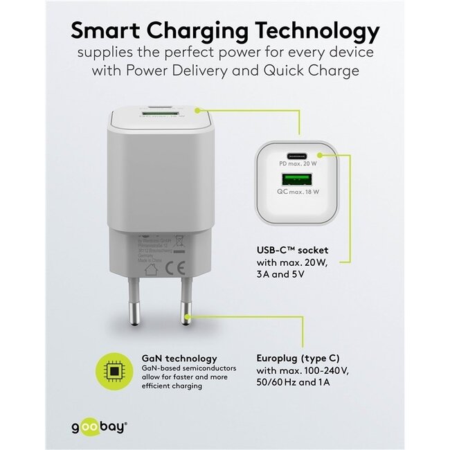 Goobay Nano USB-Ladegerät | USB-C PD + USB-A QC | GaN | 20W | Weiß