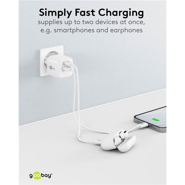 Goobay Nano USB-Ladegerät | USB-C PD + USB-A QC | GaN | 20W | Weiß